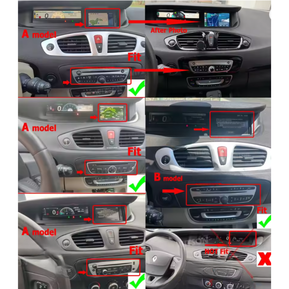 Autoradio Movyro Android 15 pour Renault Scenic 3 (2009-2016) avec Apple CarPlay et Android Auto, écran tactile moderne.