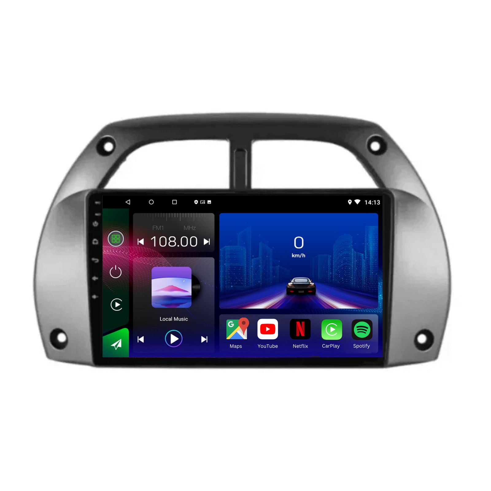 Toyota RAV4 2001-2006 Android 15 Autoradio by Movyro with Apple CarPlay and Android Auto, featuring touchscreen display and modern controls.