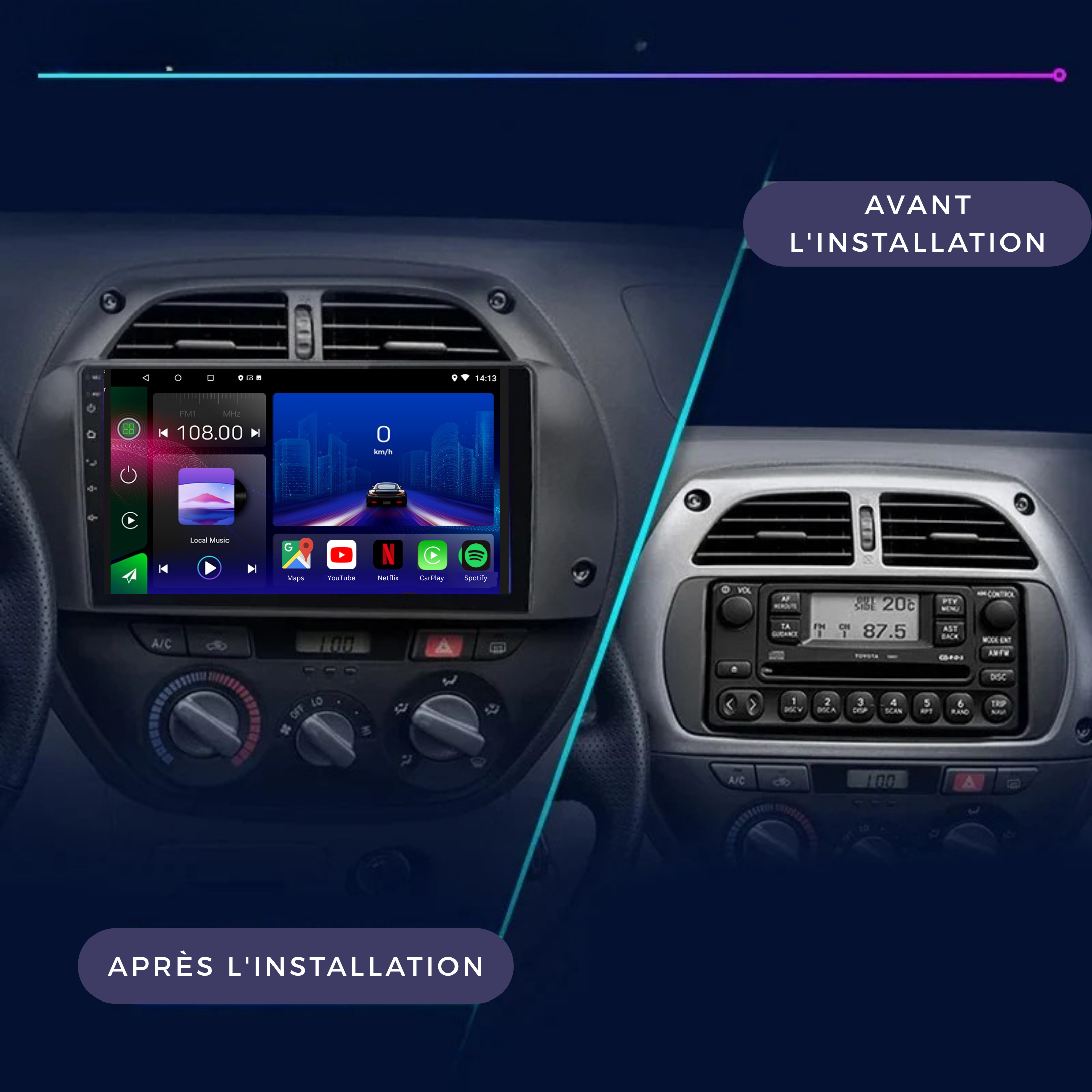 Movyro Toyota RAV4 2001-2006 Android 15 Autoradio with Apple CarPlay and Android Auto, showing touchscreen interface and controls.