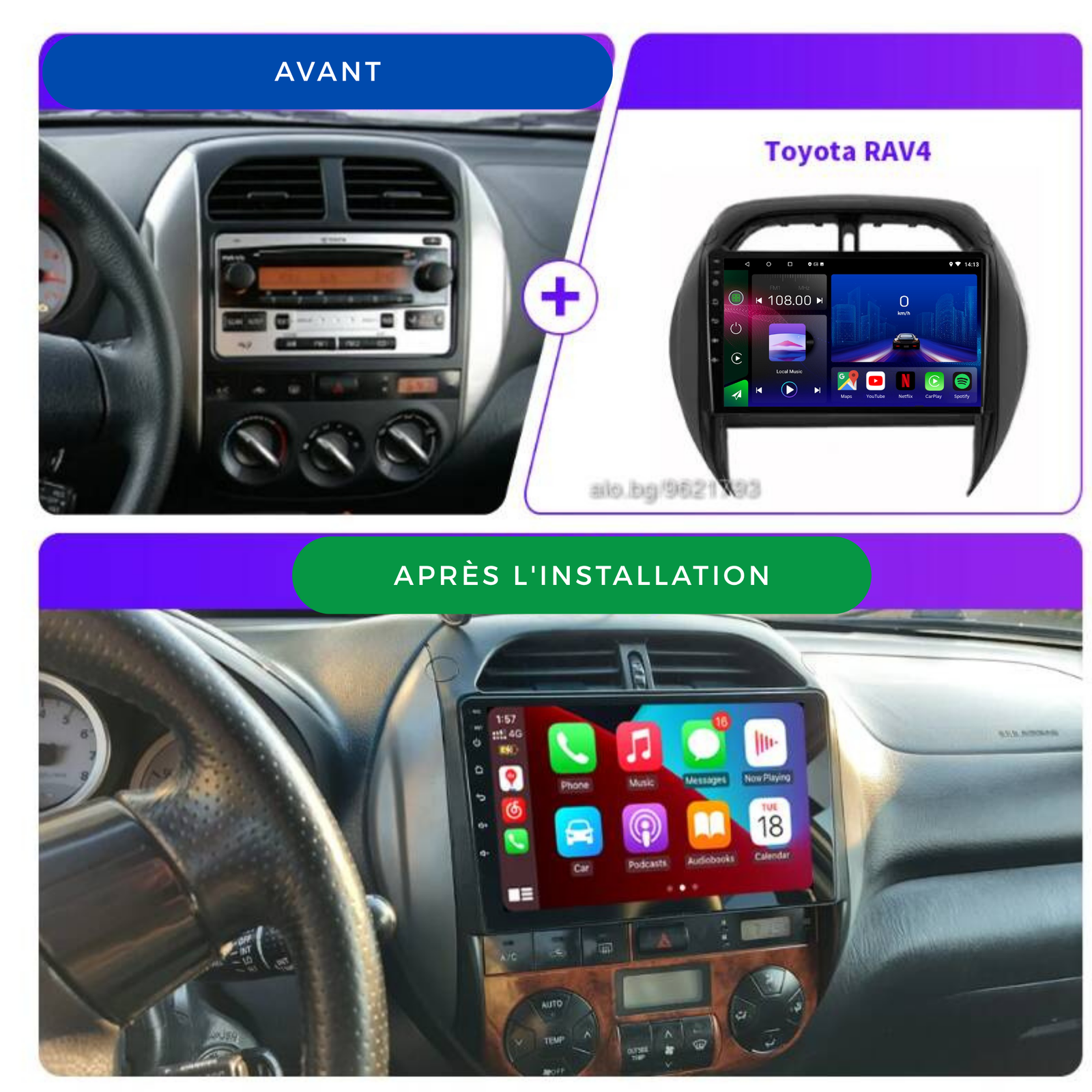 Autoradio Movyro Android 15 pour Toyota RAV4 2003-2005 avec Apple CarPlay et Android Auto, écran tactile et fonctionnalités modernes