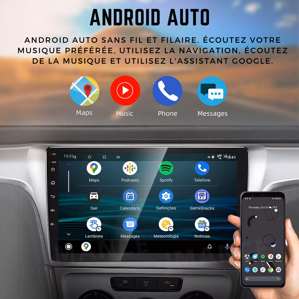Autoradio Movyro Android 15 avec Apple CarPlay et Android Auto pour Seat Ibiza 2009-2014, écran tactile et connectivité avancée.