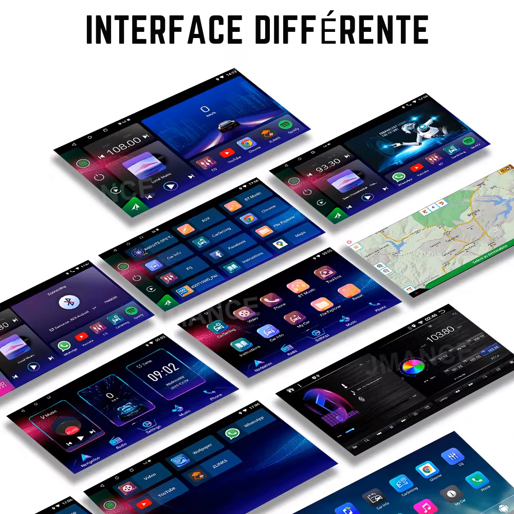 Autoradio Movyro Android 15 avec Apple CarPlay et Android Auto pour Dacia Sandero 2021+, écran tactile et fonctionnalités connectées.