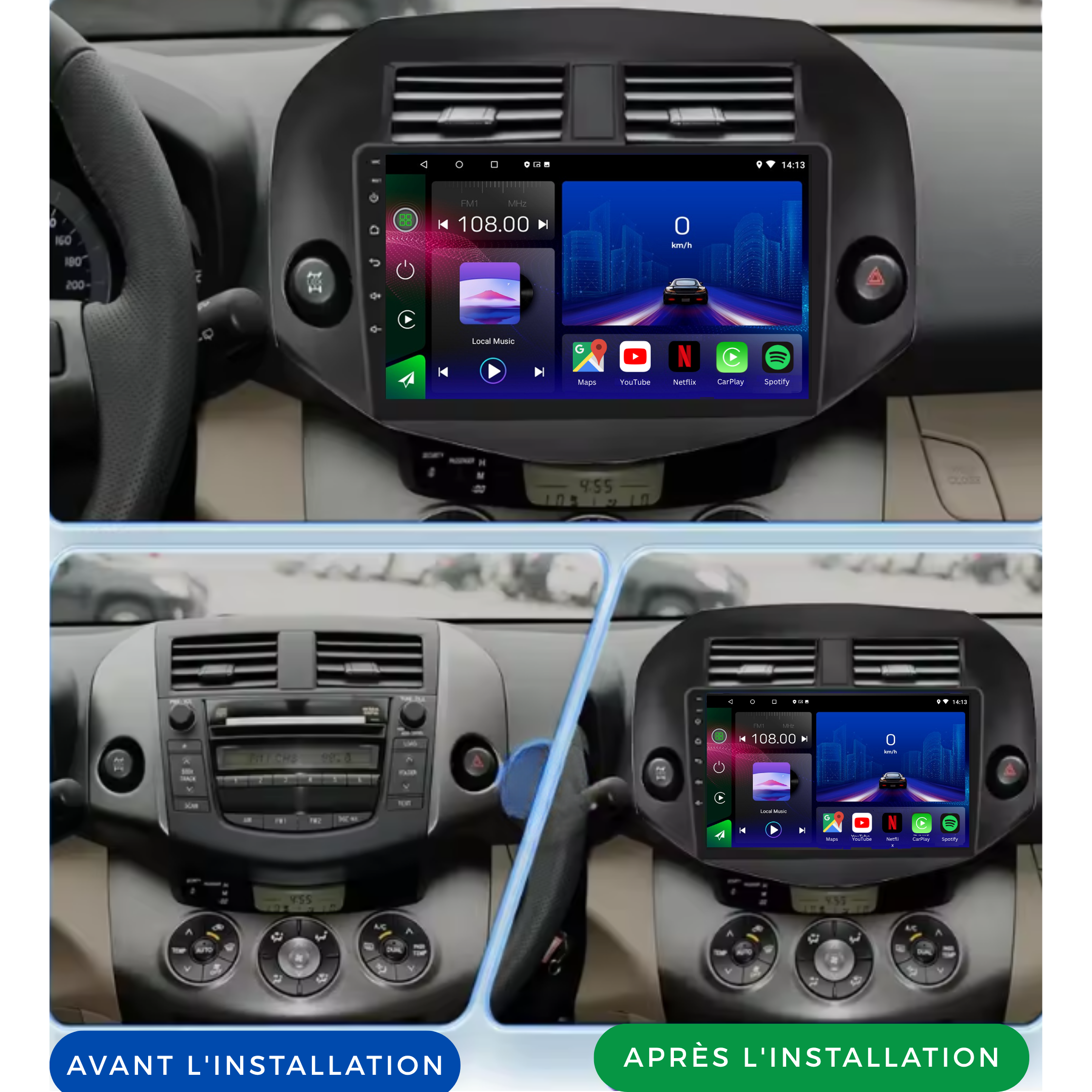 Autoradio Toyota RAV4 2007-2011 Movyro Android 15 avec Apple CarPlay et Android Auto, écran tactile, fonctionnalités connectées.