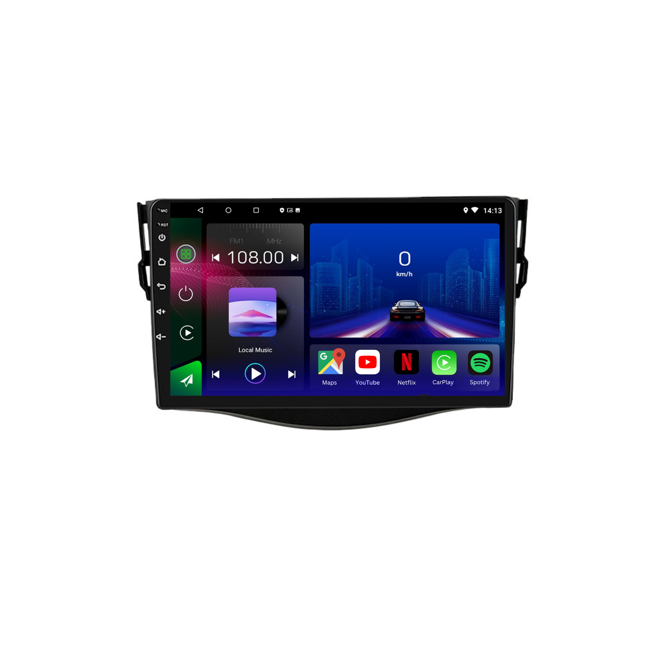 Movyro Toyota RAV4 2007-2011 Android 15 Autoradio with Apple CarPlay and Android Auto, featuring a 4-core processor, 2GB RAM, 32GB ROM.