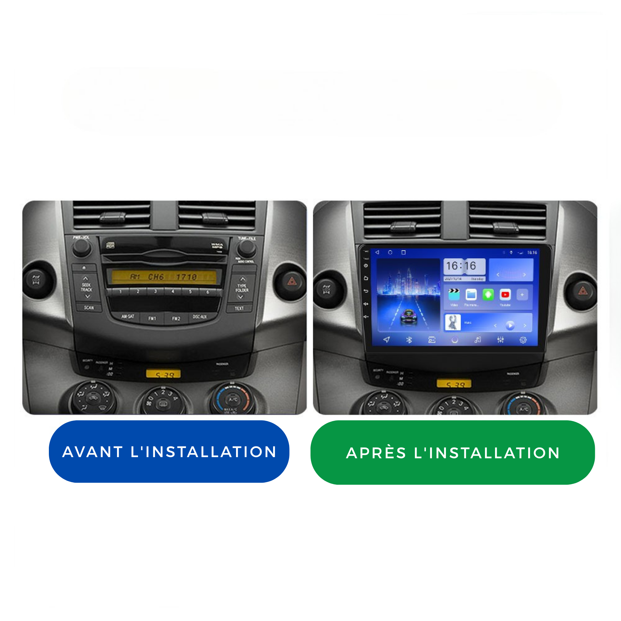 Movyro Android 15 autoradio for Toyota RAV4 2007-2011 with Apple CarPlay, Android Auto, 4-core processor, 2GB RAM, 32GB ROM