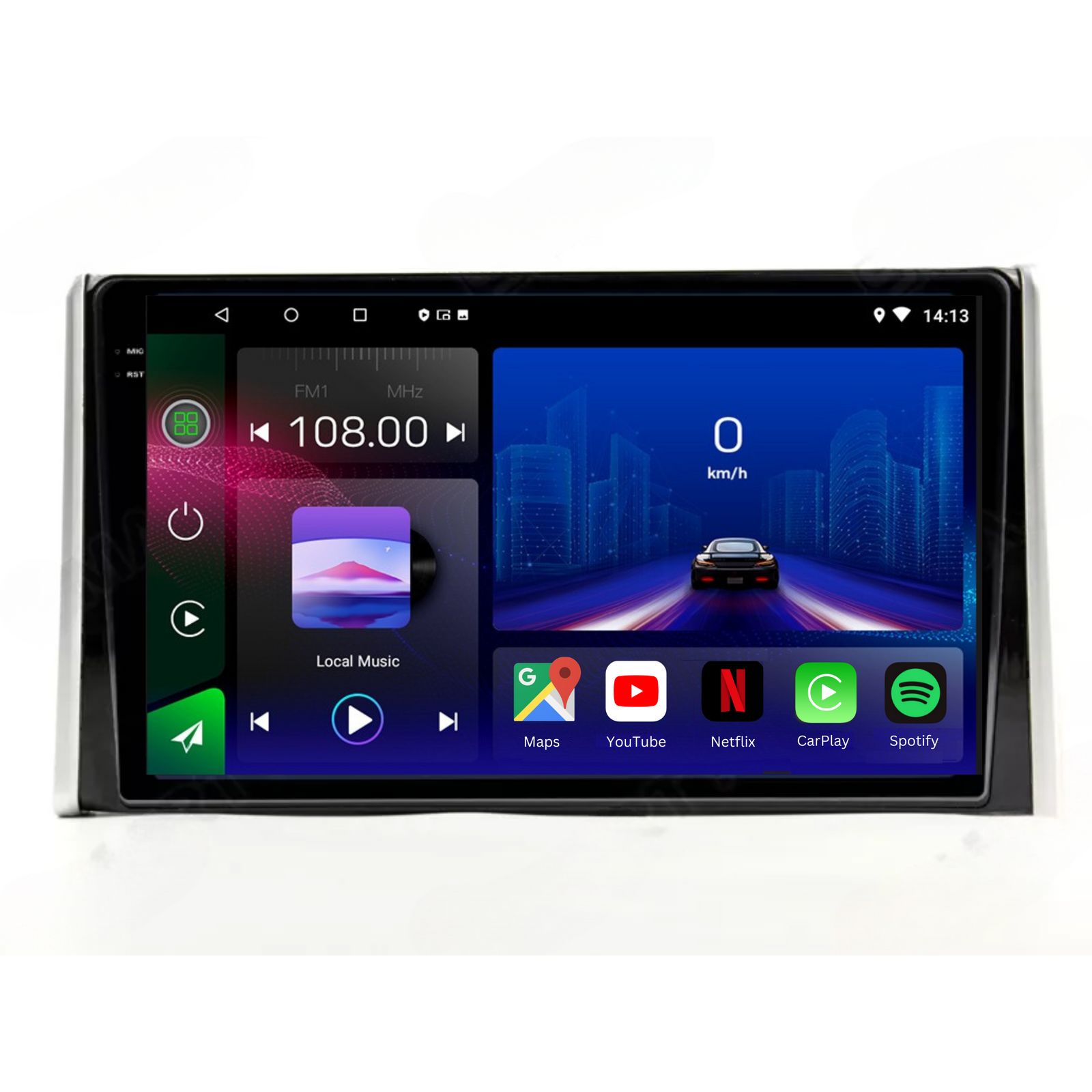 Autoradio Movyro pour Toyota RAV4 2018-2023 avec Android 15, Apple CarPlay, Android Auto, écran tactile et fonctionnalités connectées.