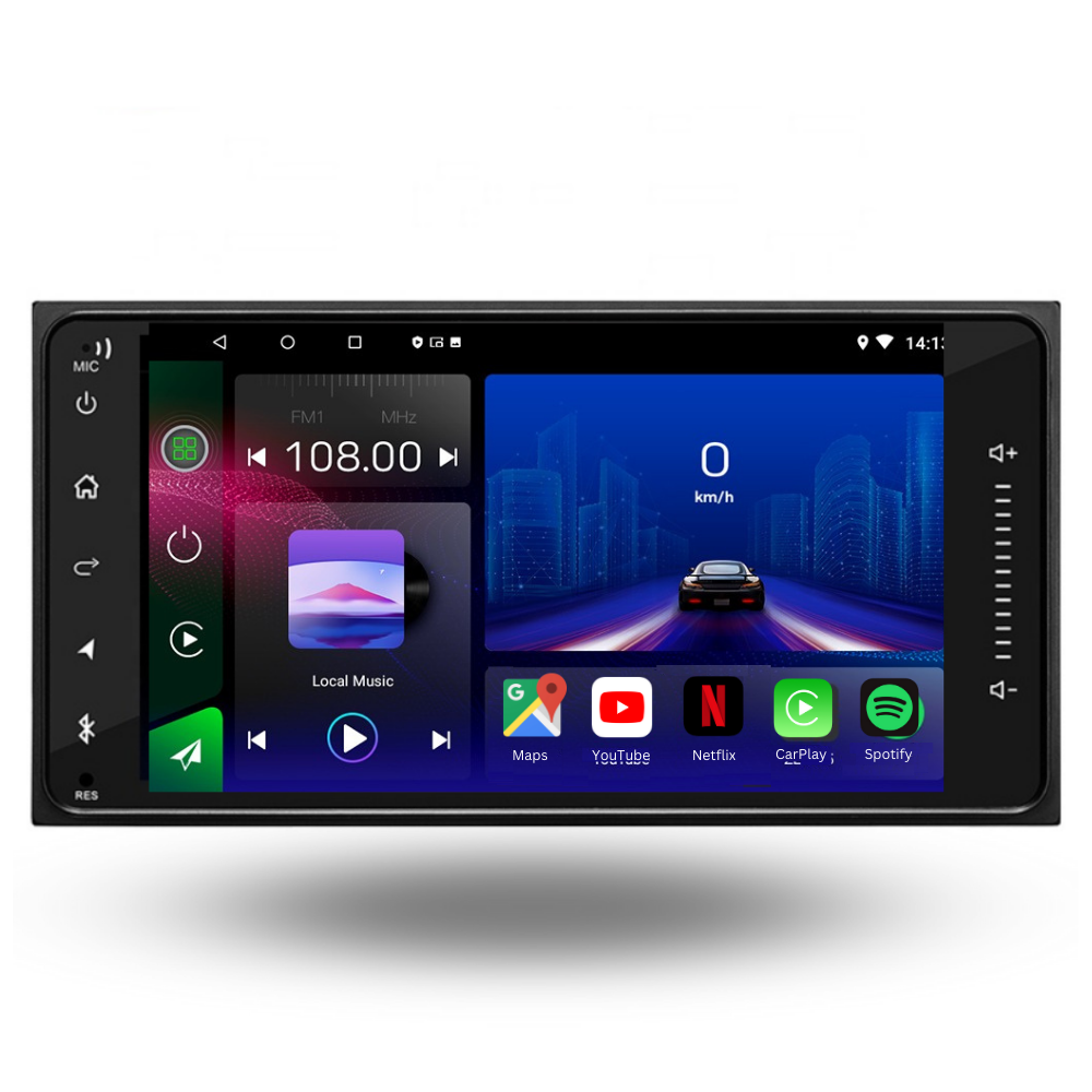 Movyro Toyota universal Android 15 autoradio with Apple CarPlay and Android Auto, featuring 2GB RAM, 32GB ROM, and touchscreen display.