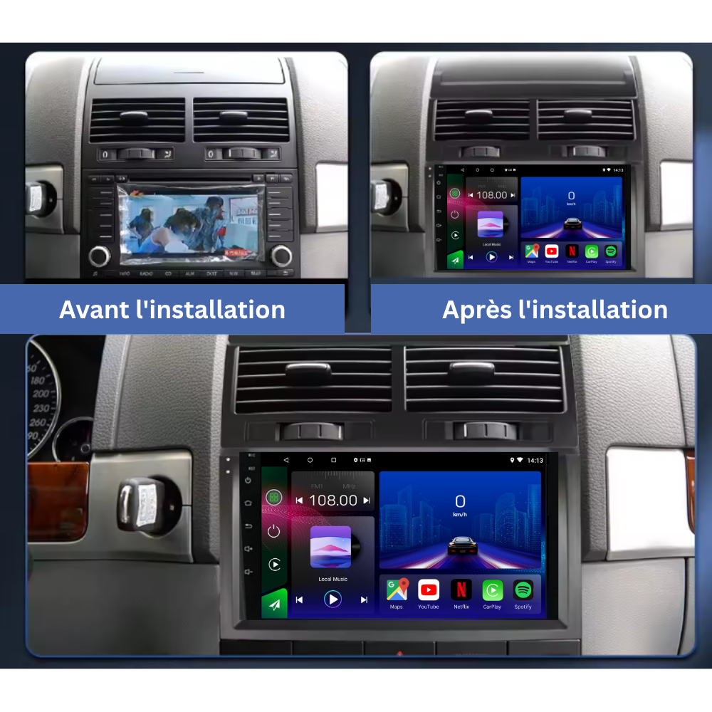 Autoradio Movyro Android 15 pour Volkswagen Touareg 2002-2010 avec Apple CarPlay et Android Auto, écran tactile moderne.