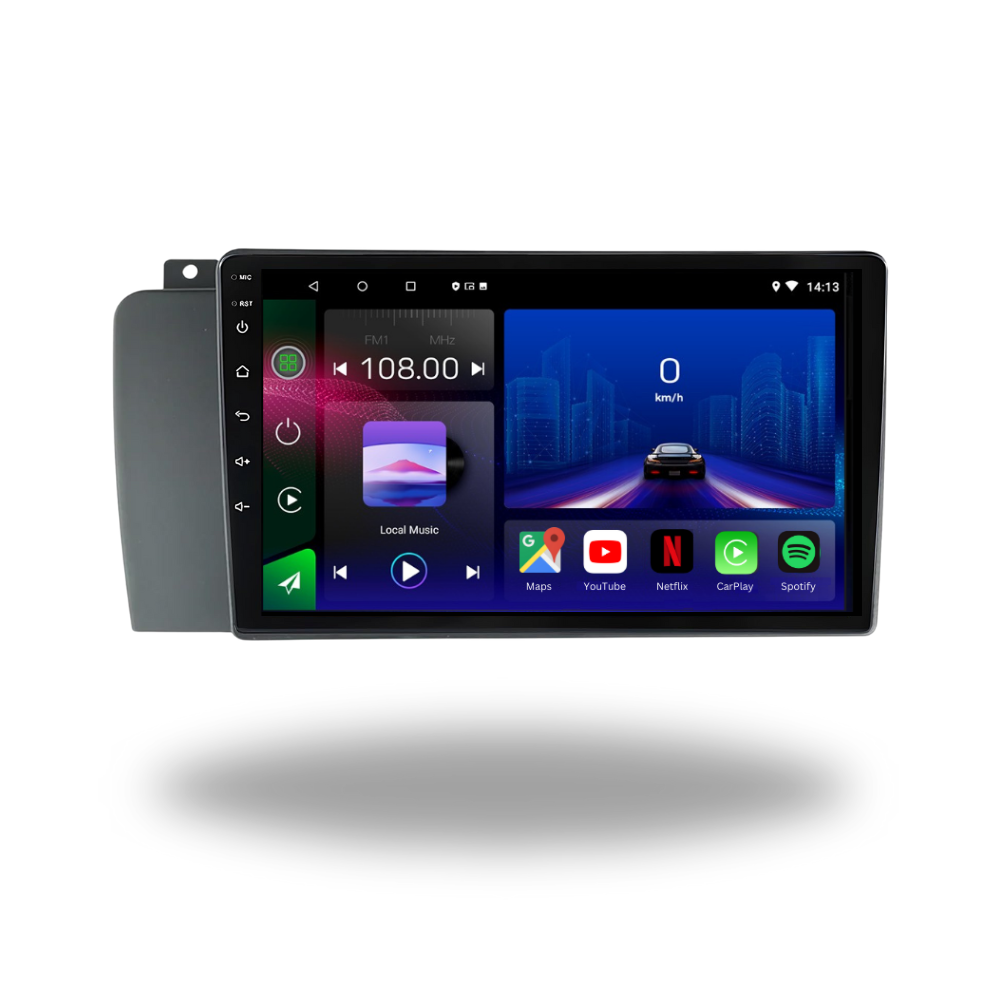 Movyro Android 15 autoradio for Volvo XC70, V70, S60 (2004-2007) with Apple CarPlay, Android Auto, 2GB RAM, 32GB ROM, 4-core processor.