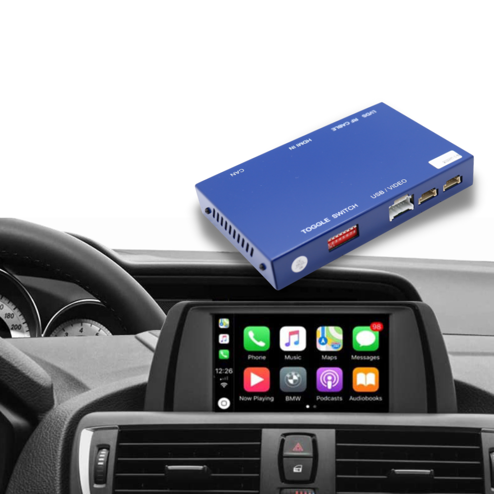 Movyro wireless Apple CarPlay retrofit for BMW showing dashboard display and connection interface with Android Auto support.